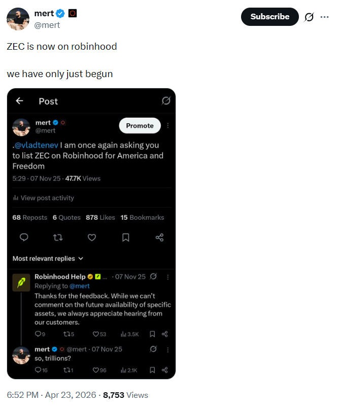 Mert Robinhood Zcash