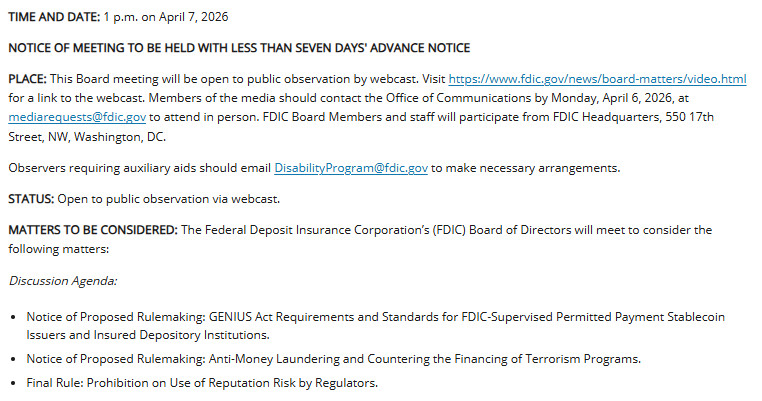 GENIUS Act Update: FDIC Plans April 7 Meeting to Define Bank Stablecoin Rules