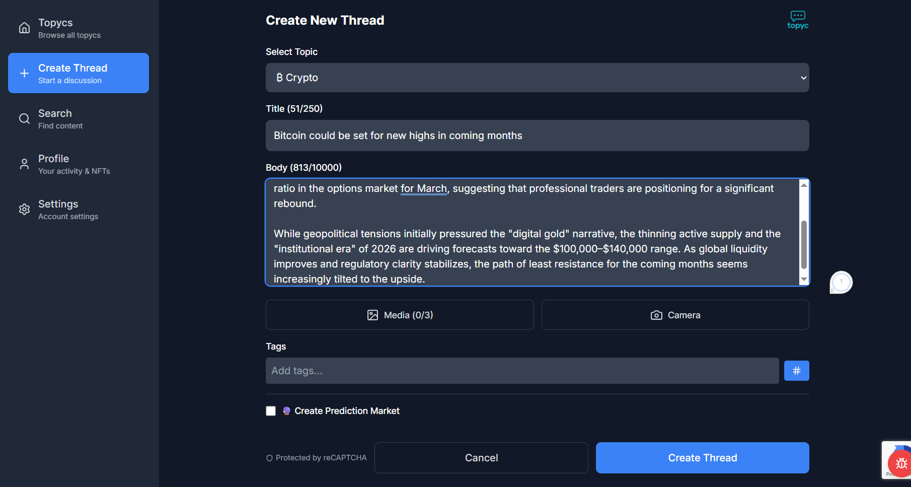 thread creation Ui of Topyc