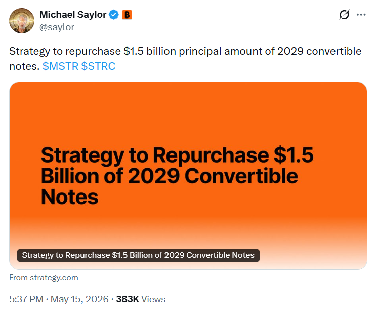 Strategy to repurchase $1.5 billion principal amount of 2029 convertible notes