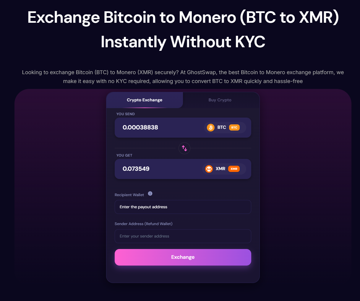 Enter swap details amount BTC and your XMR address