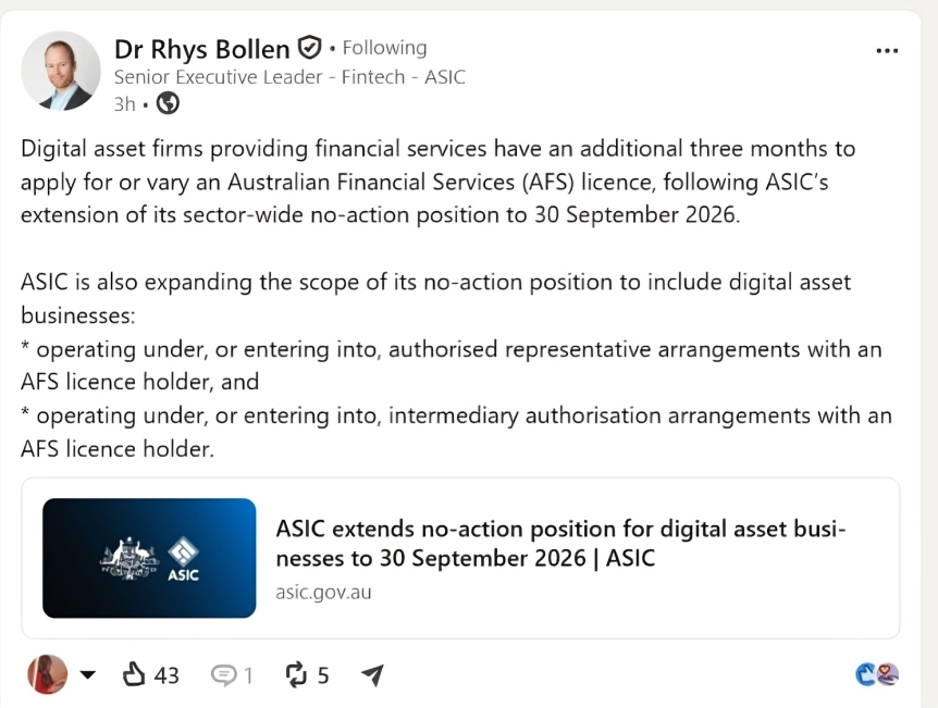 ASIC Executive Announcing Update on AFS License | Source: Linkedin Post