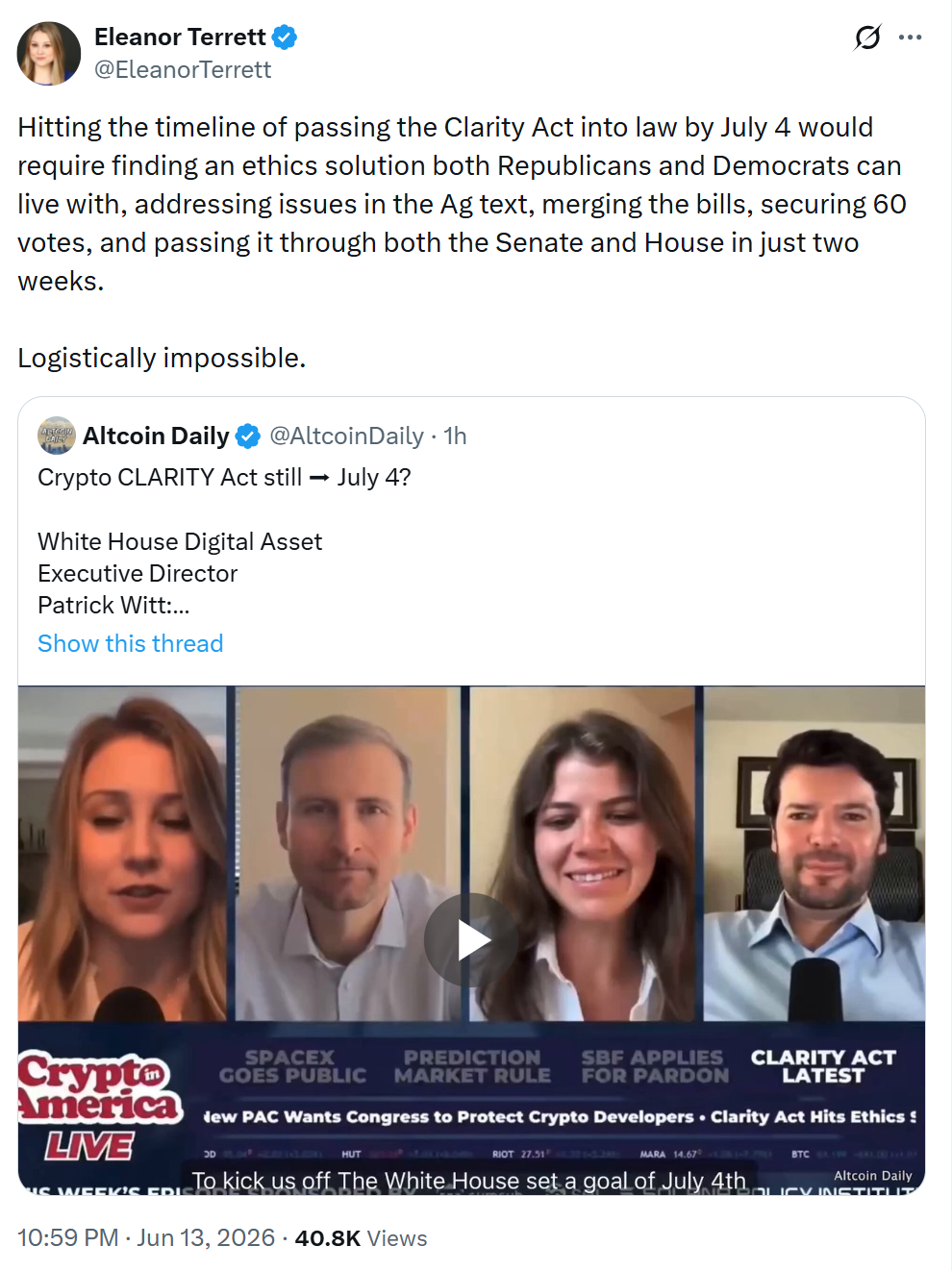 CLARITY Act by July 4 ‘Logistically Impossible’: Eleanor Terrett