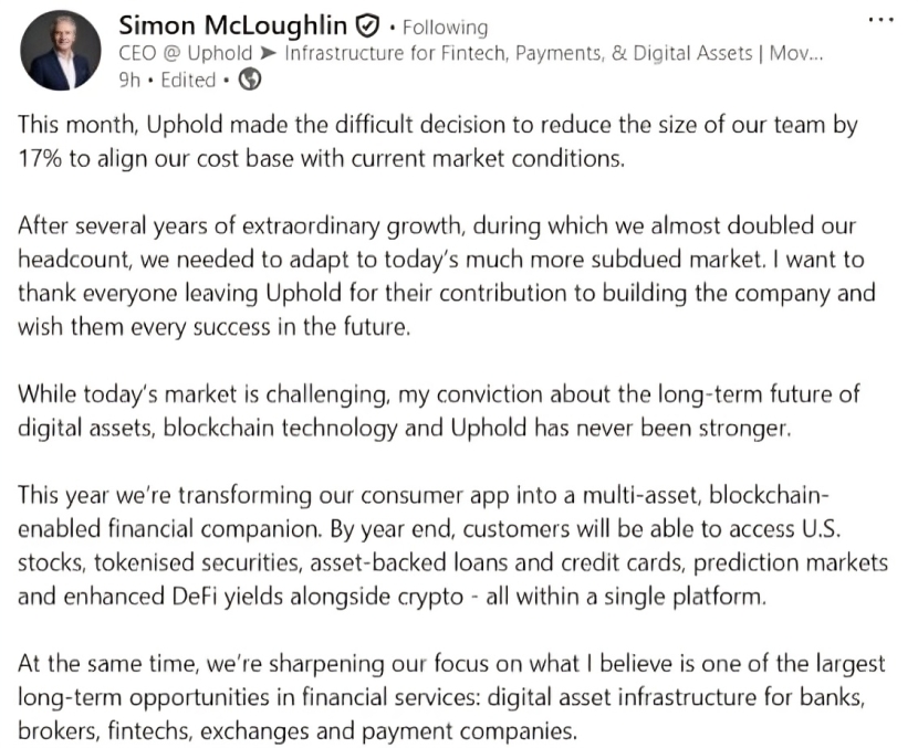Uphold CEO on Layoffs | Source: Linkedin Post