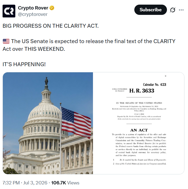 CLARITY ACT Final Text Release Timeline