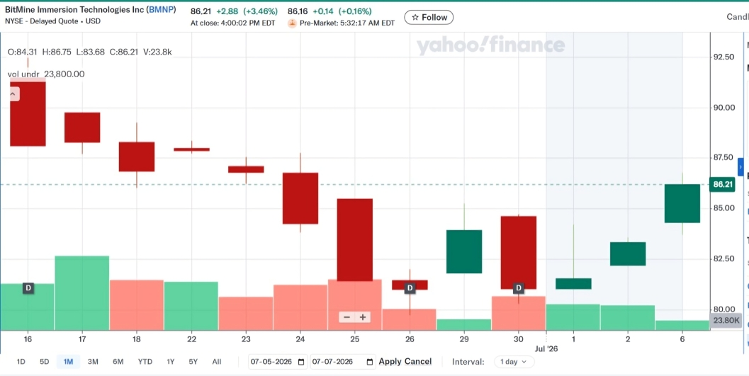 Bitmine's BMNP Share since its NYSE Listing on June 16
