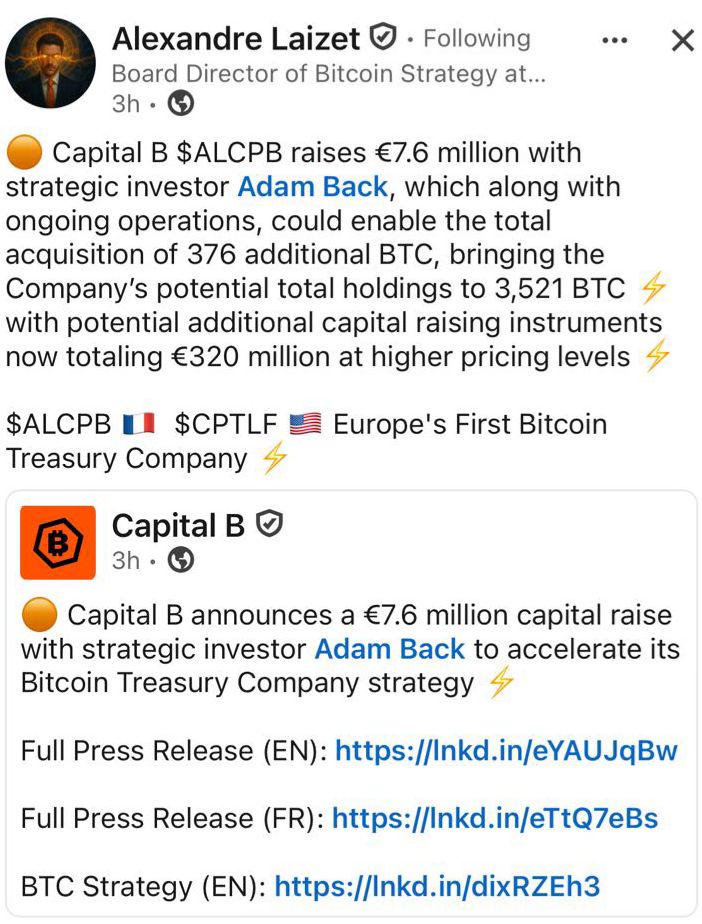 Capital B's Adam Back fundraise 