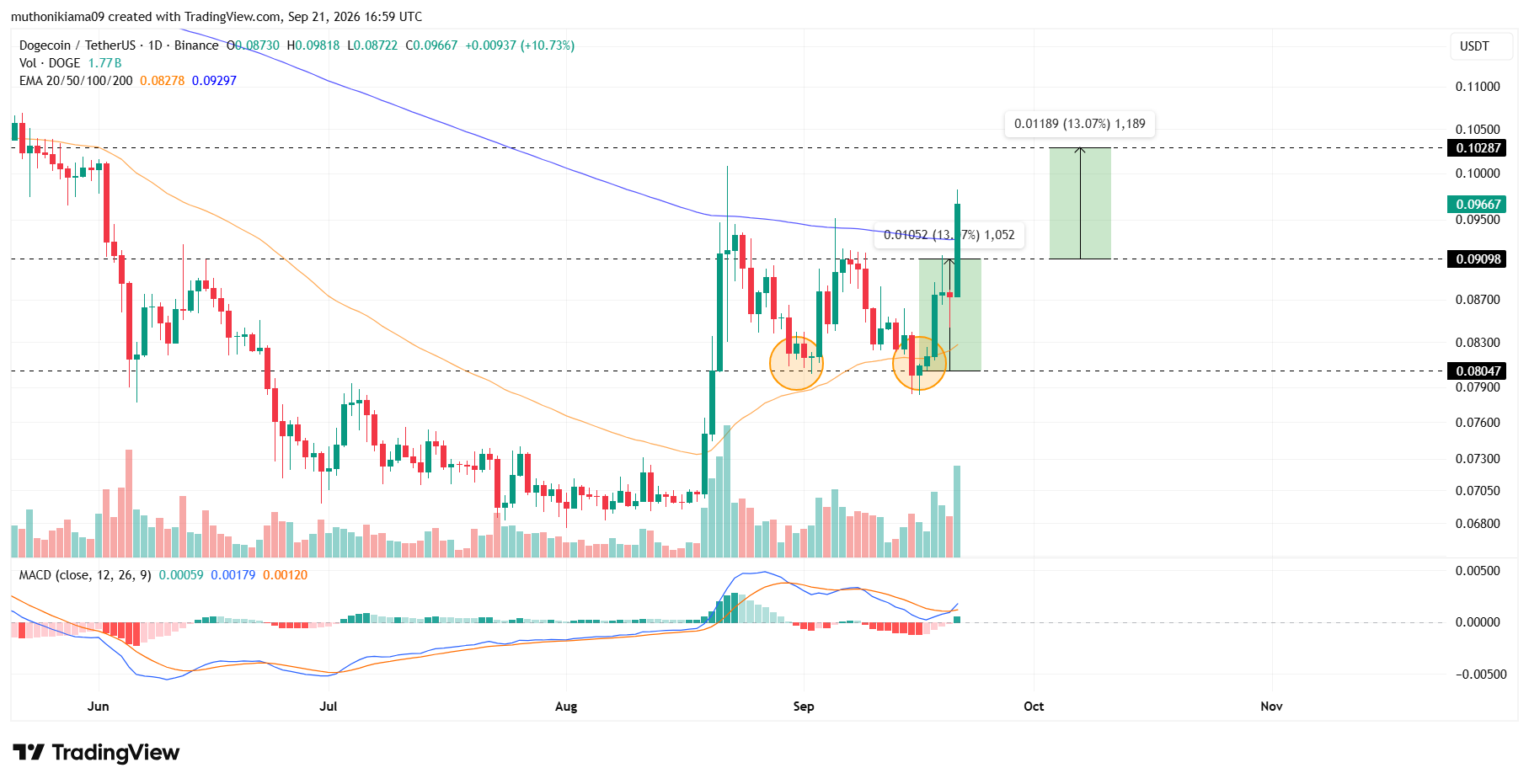 Dogecoin Price Eyes $0.10 as Bull Pattern Forms