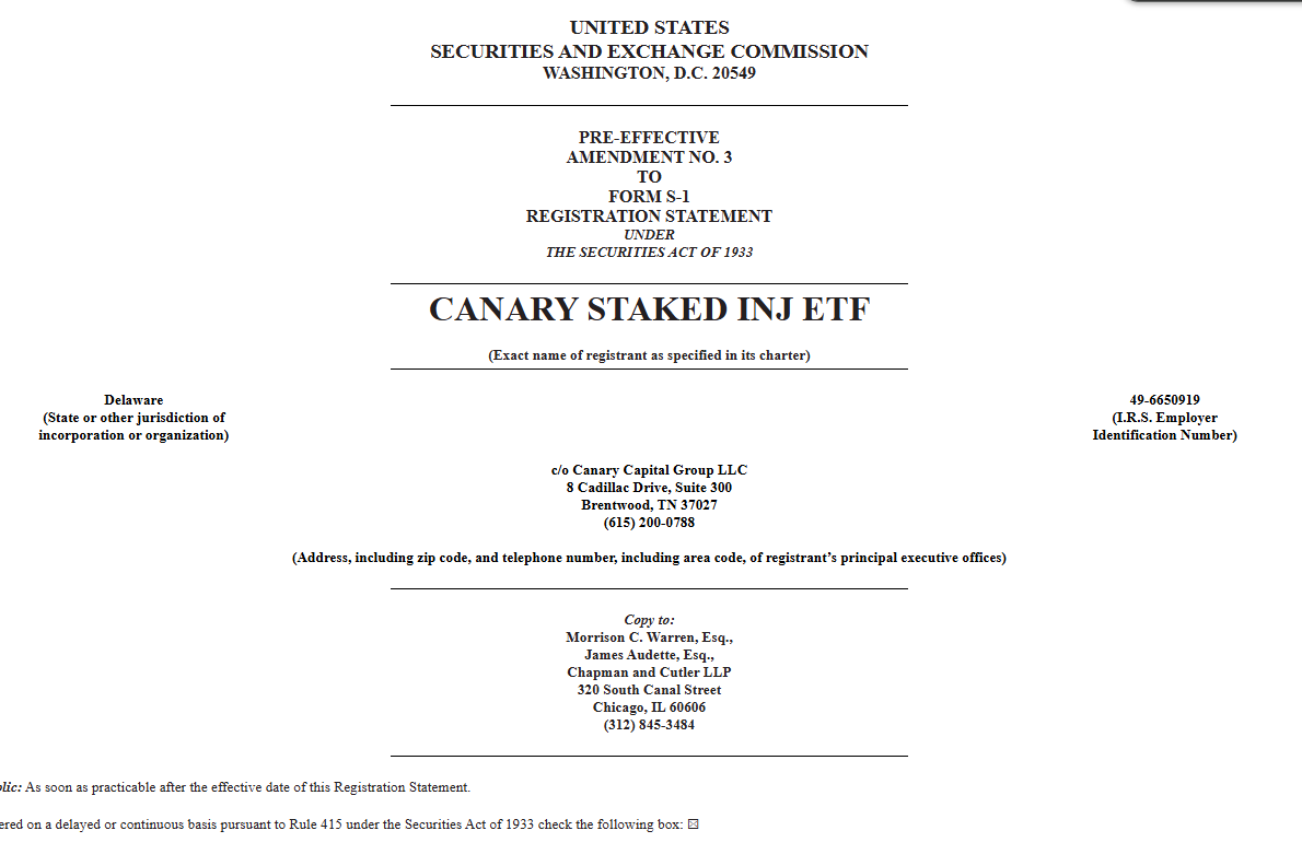 Canary Capital Amends its Staked Injective ETF